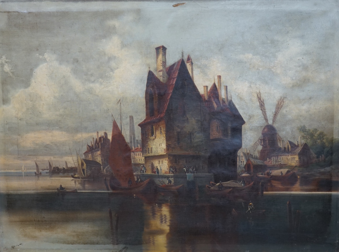 Carl Gessnitzer, (German, 19th. C), oil on canvas, Riverside town, view, signed, 73 x 100cm, unframed. Condition - fair, would benefit from a clean